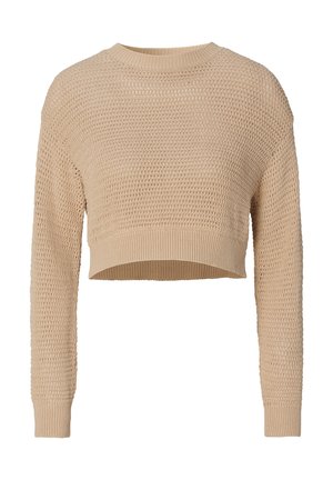 Beige cropped sweater with long sleeves, featuring a loose knit texture and crew neckline. Ribbed cuffs and hem.