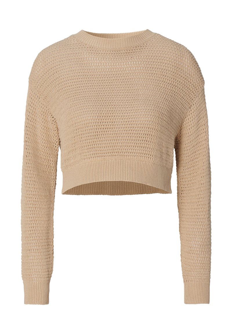 Beige verkürzter Pullover mit langen Ärmeln, der über eine lockere Stricktextur und einen Rundhalsausschnitt verfügt. Rippenbündchen und Saum.