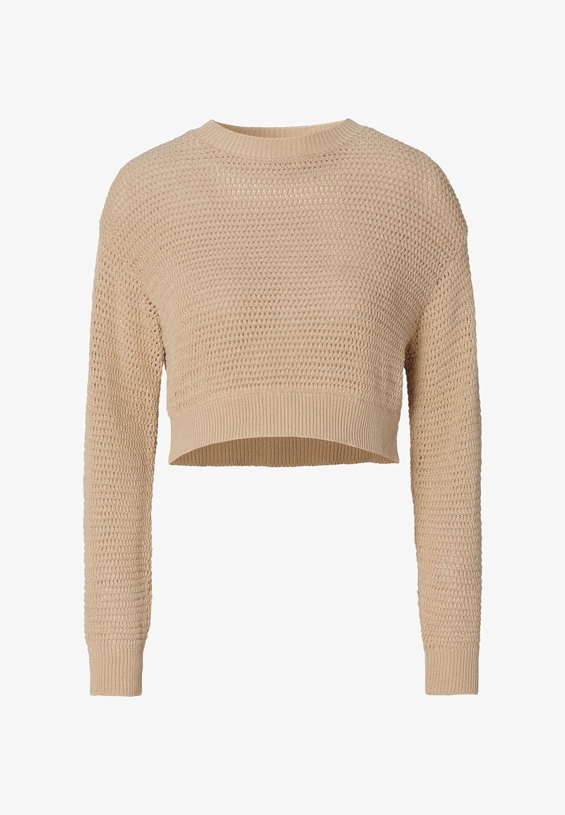 Beige verkürzter Pullover mit langen Ärmeln, der über eine lockere Stricktextur und einen Rundhalsausschnitt verfügt. Rippenbündchen und Saum.