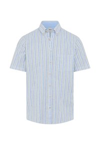 Korte mouw knoopshirt in lichtblauw met verticale strepen in donkerblauw en groen. Voorzien van een enkele borstzak en een ronde zoom.