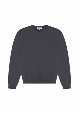 Czarna szara sweter z miękkiego materiału, z okrągłym dekoltem, długimi rękawami oraz prążkowanymi mankietami i dołem. Gładka struktura bez wzorów.