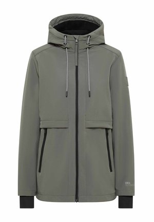 Green hooded jacket with front zipper, black zippered side pockets, adjustable drawstrings, and black inner cuffs on white background.