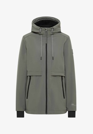 Grön huva jacka med framdragkedja, svarta dragkedjefickor på sidorna, justerbara snoddar och svarta innermuddar på vit bakgrund.