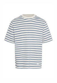 Striped short-sleeve t-shirt featuring horizontal navy blue and white stripes, made of soft fabric with a crew neckline and a small tag at the hem.