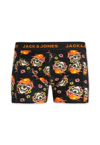 Boxers noirs avec des motifs colorés de crânes et de fleurs. Ceinture élastique avec la marque "JACK & JONES" en orange. Texture de tissu douce.