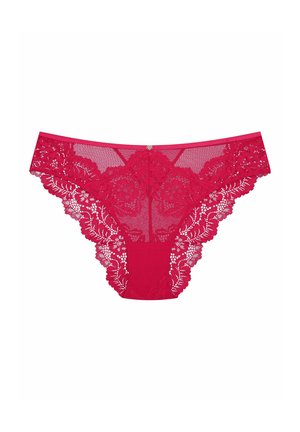 Red lace thong with intricate floral pattern, sheer mesh panels, and solid center. Features decorative trim along the edges and a small metallic accent.