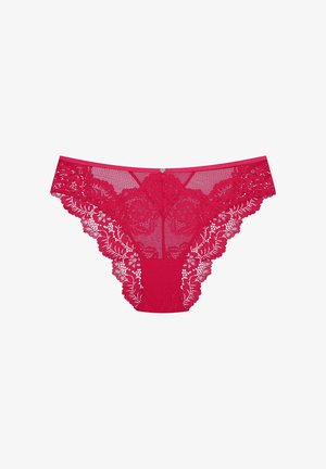 Red lace thong with intricate floral pattern, sheer mesh panels, and solid center. Features decorative trim along the edges and a small metallic accent.