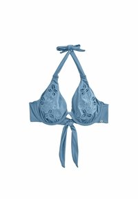 Ljusblå bikinitopp med blommig spetsdetalj, halterneck-snörning och justerbar bakstängning. Slät textur och formade kupor.