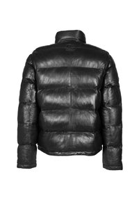 Zwarte doorgestikte donsjas met hoge kraag, lange mouwen en een ontwerp met gestikte panelen, gezien van achteren.