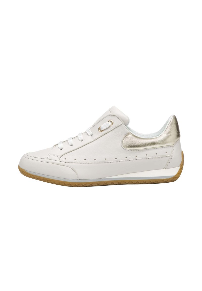 White leather sneaker with a metallic gold accent at the heel, lace-up design, perforated side detail, and a light brown rubber sole.