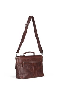 Sac messager en cuir marron avec une texture lisse, bandoulière en tissu réglable, poignée supérieure et poche zippée à l'avant.