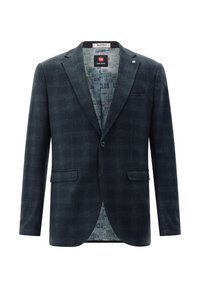 Dark blue checkered blazer with a notched lapel, two front pockets, and a patterned interior lining featuring "GENTS CLUB" text.