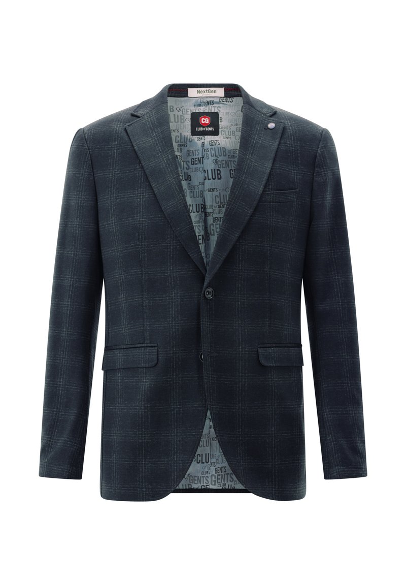 Dark blue checkered blazer with a notched lapel, two front pockets, and a patterned interior lining featuring "GENTS CLUB" text.