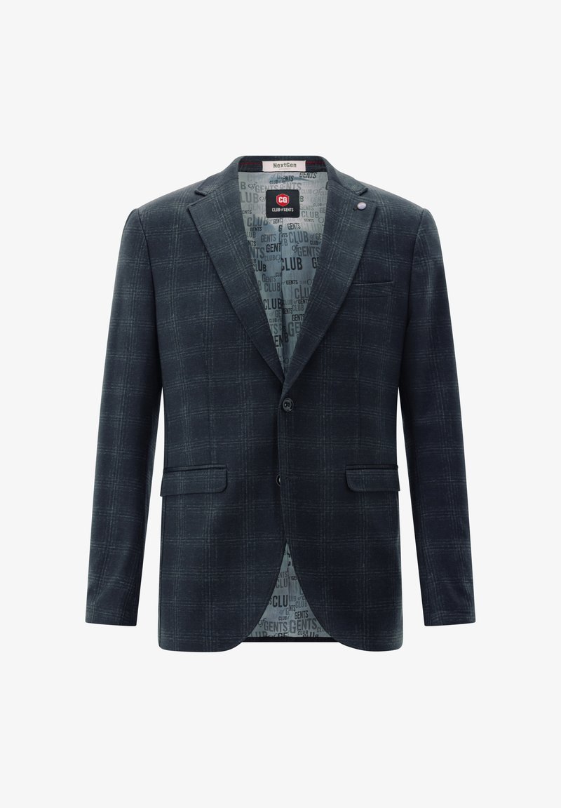 Dark blue checkered blazer with a notched lapel, two front pockets, and a patterned interior lining featuring "GENTS CLUB" text.