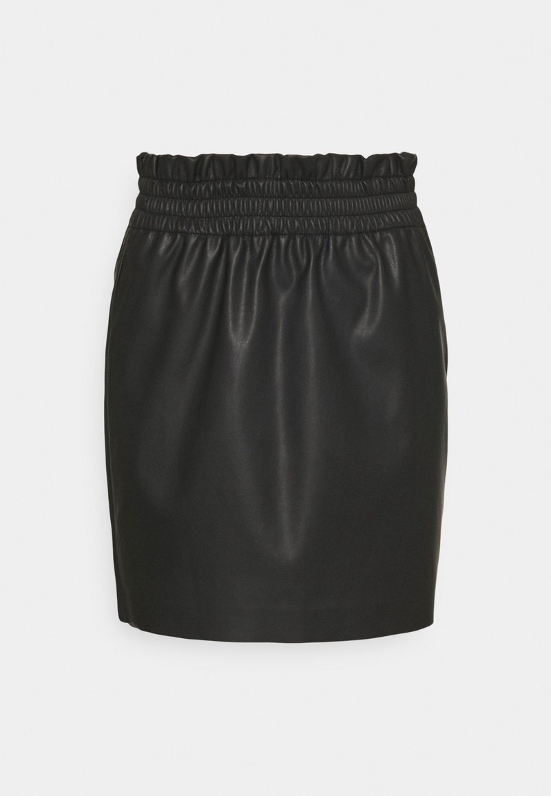 Black leather mini skirt with an elastic waistband, featuring a smooth texture and subtle shine, designed for a fitted silhouette.