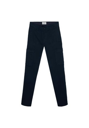 Pantalones cargo en color azul marino con un ajuste entallado, fabricados en algodón. Cuentan con dos bolsillos laterales y dos bolsillos frontales tipo cargo. Textura suave y diseño duradero.