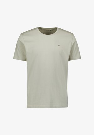 Lichtgrijze, kortarmige T-shirt van katoen. Bevat een ronde halslijn en een klein, subtiel logo in de bovenste linkerhoek. Gladde textuur.