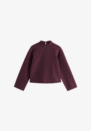 B burgundska teksturirana pulover s dolgimi raglan rokavi in visokim, valovitim ovratnikom, ki ima majhen odprtina na hrbtu.
