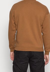 Felpa marrone con scollatura a girocollo e orlo a costine, caratterizzata da una texture morbida e cuciture delle spalle abbassate, abbinata a pantaloni cargo neri.
