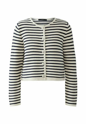 Striped cardigan with cream and navy lines, round neckline, front button closure, long sleeves, textured fabric, cropped design.