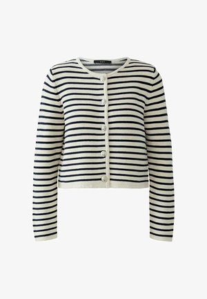 Gestreifter Cardigan mit cremefarbenen und marineblauen Linien, runder Ausschnitt, Knopfleiste vorne, lange Ärmel, strukturiertes Material, verkürztes Design.