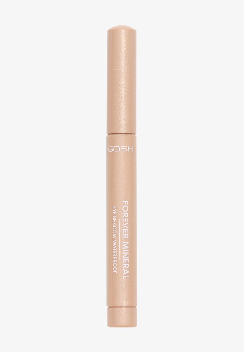 GOSH Forever Mineral Lidschatten in einer glänzenden, metallischen beigen Tube mit weißem Text. Der Deckel ist abgerundet und die Oberfläche wirkt glatt.