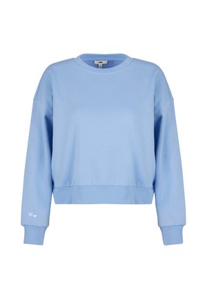 Light blue cropped sweatshirt in soft fabric, featuring a round neckline and ribbed cuffs. Subtle "M" logo on the left sleeve.