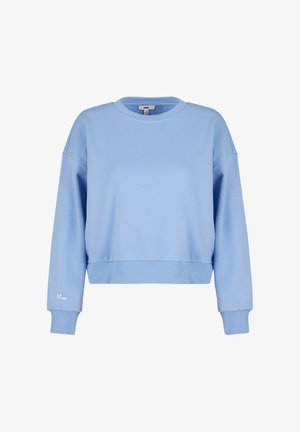 Light blue cropped sweatshirt in soft fabric, featuring a round neckline and ribbed cuffs. Subtle "M" logo on the left sleeve.