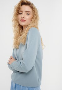 Felpa azzurra chiara con maniche lunghe, vestibilità rilassata e una texture morbida. I dettagli degni di nota includono cuciture all'orlo e un design semplice.