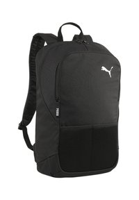Schwarzer Rucksack aus strapazierfähigem Stoff mit einem Hauptfach mit Reißverschluss, einer vorderen Netz-Tasche und gepolsterten Schultergurten.