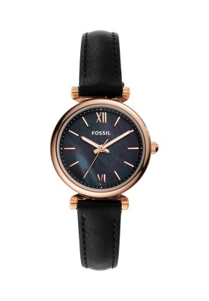 Runde Fossil-Armbanduhr mit schwarzem Lederarmband, roségoldfarbenem Gehäuse, schwarzem irisierendem Zifferblatt und roségoldenen römischen sowie Stab-Stundenmarkierungen.