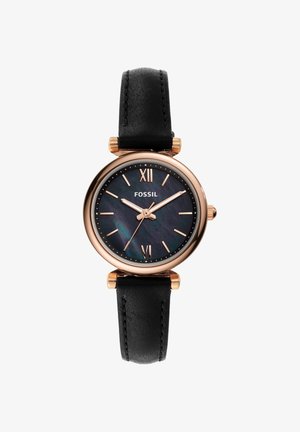 Runde Fossil-Armbanduhr mit schwarzem Lederarmband, roségoldfarbenem Gehäuse, schwarzem irisierendem Zifferblatt und roségoldenen römischen sowie Stab-Stundenmarkierungen.