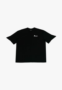 Sort bomulds t-shirt med korte ærmer, med et hvidt logo på venstre bryst. Enkel skæring med en lige kant og rund hals.