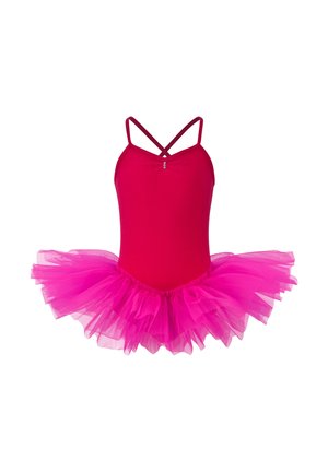 Leuchtend rosa Ballettanzug mit überkreuzten Trägern, verziert mit einem fluffigen Tüll-Rock in einem dunkleren Pink. Dekorative Edelsteine betonen die Vorderseite.