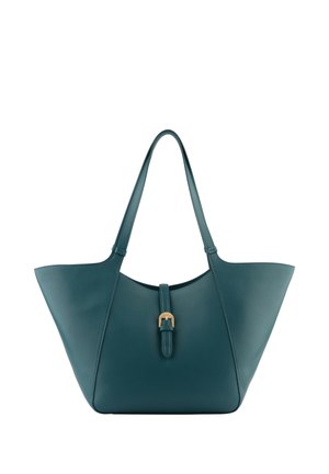 Sac cabas en cuir bleu sarcelle avec longues anses et une bride centrale avec une petite boucle dorée, présenté sur fond blanc.