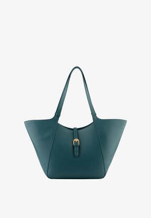 Sac cabas en cuir bleu sarcelle avec longues anses et une bride centrale avec une petite boucle dorée, présenté sur fond blanc.