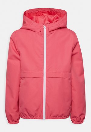 Kinderjacke in Korallenrosa mit Kapuze, weißem Frontreißverschluss, elastischen Bündchen und einer Naht über der Taille.