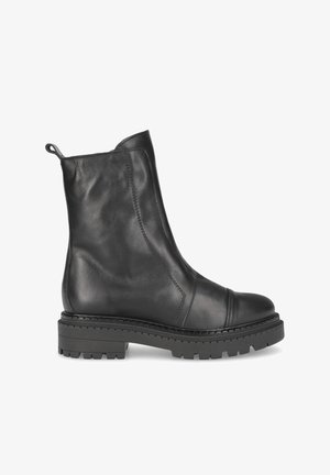 Black leather ankle boot with a rounded toe, textured surface, and a thick, rugged sole. Features simple stitching and a pull tab at the back.