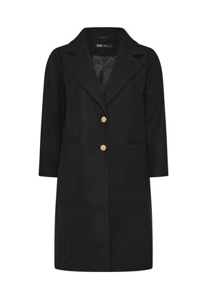 Manteau en mélange de laine noir avec un col cranté, des manches trois-quarts, deux poches avant et des boutons dorés. Doublure intérieure lisse.