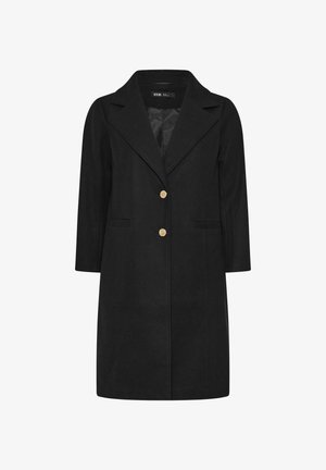 Mustapuhainen villasekoitteen takki, jossa on leikkauksellinen kaulus, kolme neljäsosaa hihoista, kaksi etutaskua ja kultasävyiset napit. Sujuva sisävuori.