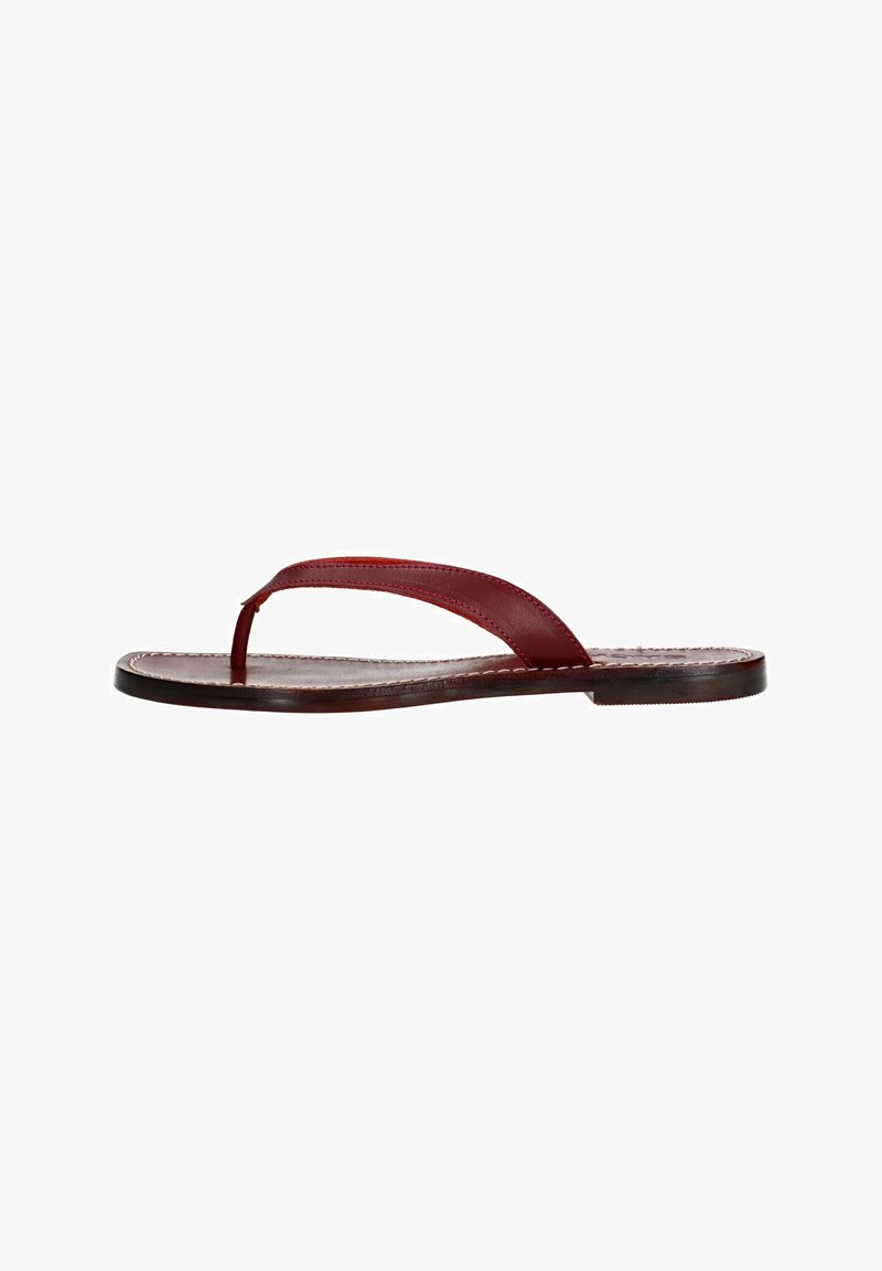Red leather flip-flop sandal with a thin thong strap, flat sole, and stitched detailing along the edges. Minimalist design with a smooth finish.