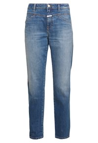 Ljust blå denimjeans med avslappnad passform, med femfickdesign, kopparstickningar och knappgylf. Blekta områden fram och bak.