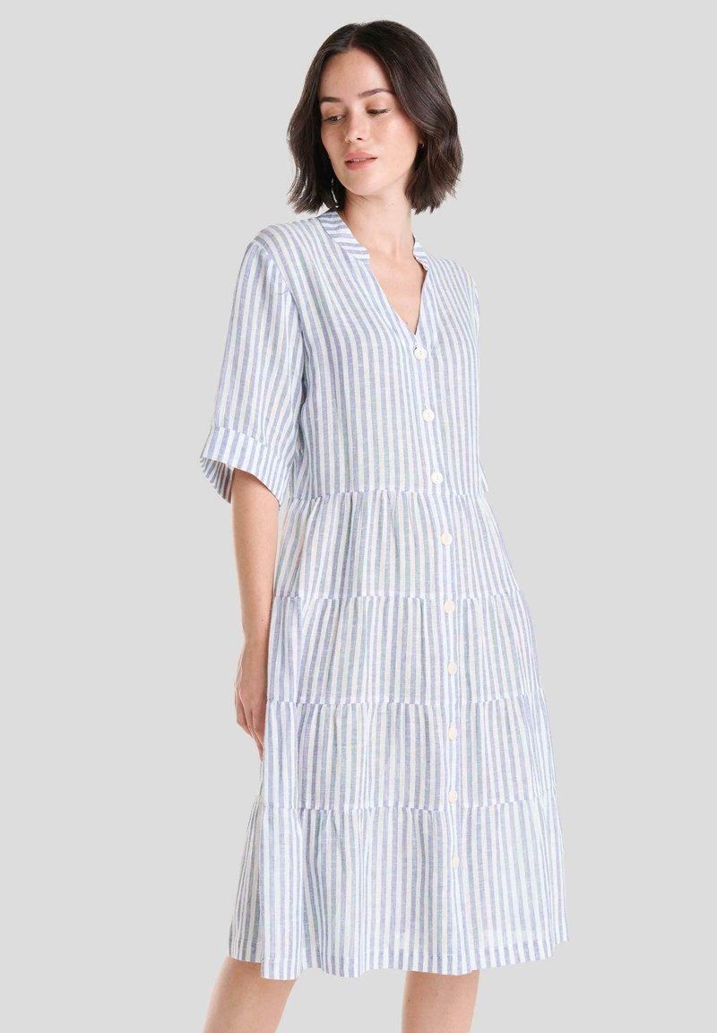 Vestido a rayas con escote en V, mangas cortas y diseño en capas. Rayas en azul claro, blanco y lavanda con cierre de botones en la parte frontal.