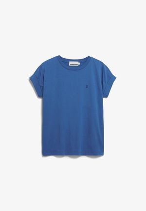 Blauwe katoenen T-shirt met korte, opgerolde mouwen, ronde halslijn en een klein, geborduurd logo op de borst. Zachte textuur, casual ontwerp.