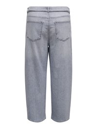 Lysegrå denimjeans sett bakfra, med to baklommer og en rette ben med litt kort lengde.