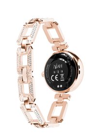 Orologio in metallo color oro con un design a catena, caratterizzato da link rettangolari e accenti di strass. Cassa dell'orologio rotonda di colore nero con loghi e simboli.