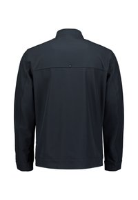 Donker marineblauwe jas met lange mouwen, opstaande kraag en een horizontale naad met een enkele knoopdetail aan de achterkant.