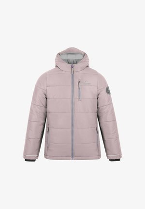 Hellviolette gesteppte Jacke mit Kapuze, Reißverschluss, Brusttasche und elastischen Bündchen. Verfügt über dezente Markenlogos auf der Vorderseite und am Ärmel.