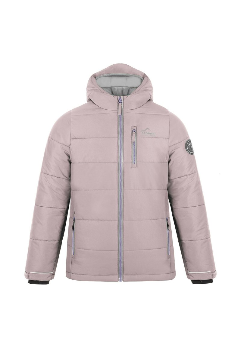 Hellviolette gesteppte Jacke mit Kapuze, Reißverschluss, Brusttasche und elastischen Bündchen. Verfügt über dezente Markenlogos auf der Vorderseite und am Ärmel.