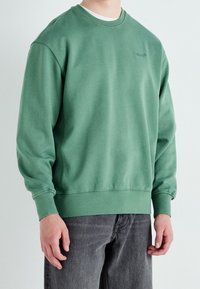 Sudadera verde de manga larga, con cuello redondo y puños acanalados. Hecha de una tela suave, presenta un pequeño logo en el pecho. Se lleva con jeans grises.